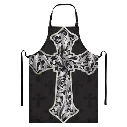 Ornamental Silver Cross Print Bib Apron With Pocket