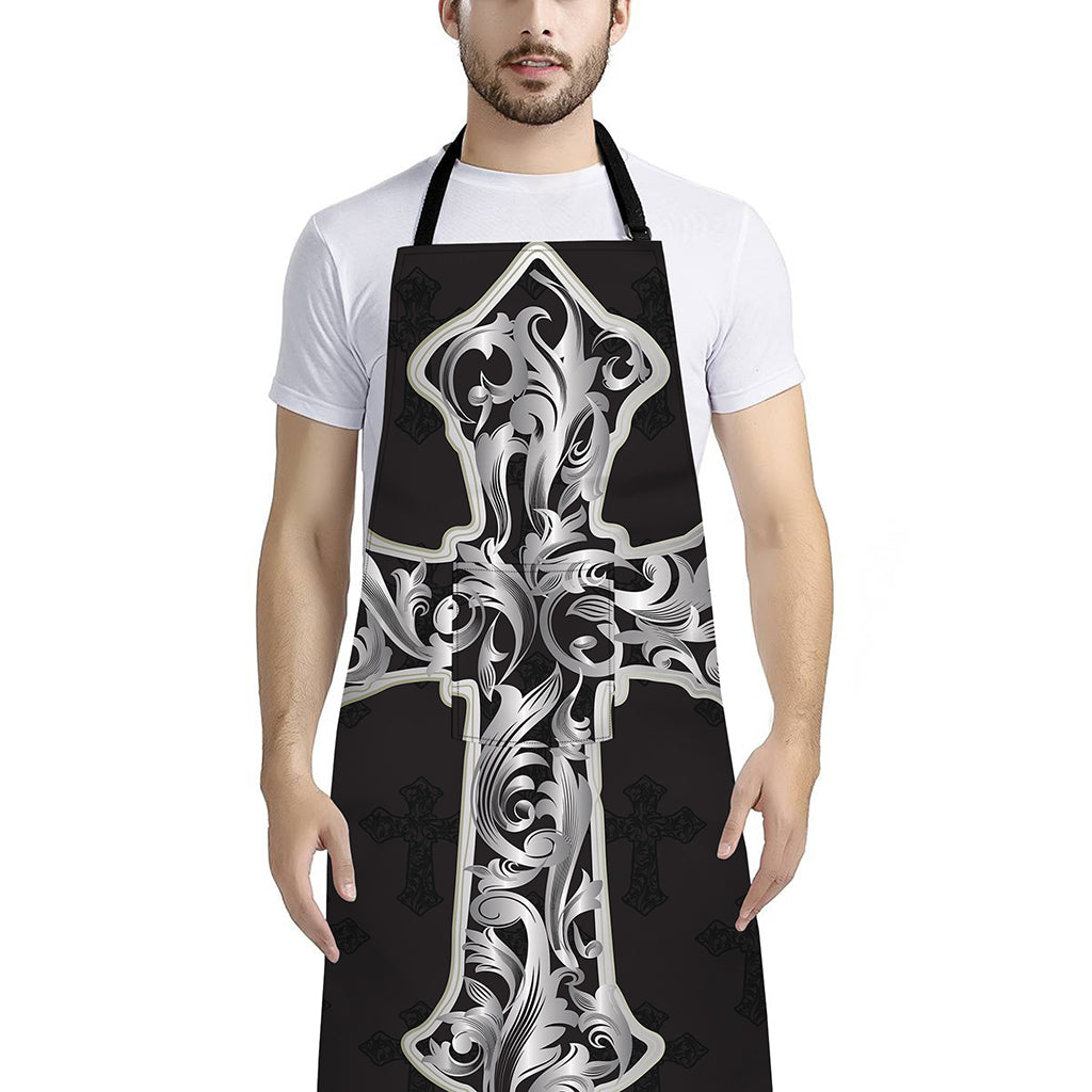 Ornamental Silver Cross Print Bib Apron With Pocket