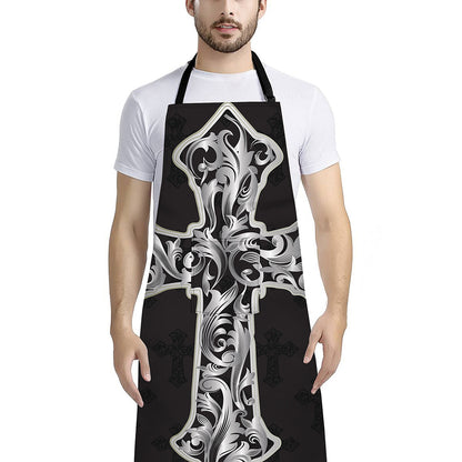Ornamental Silver Cross Print Bib Apron With Pocket