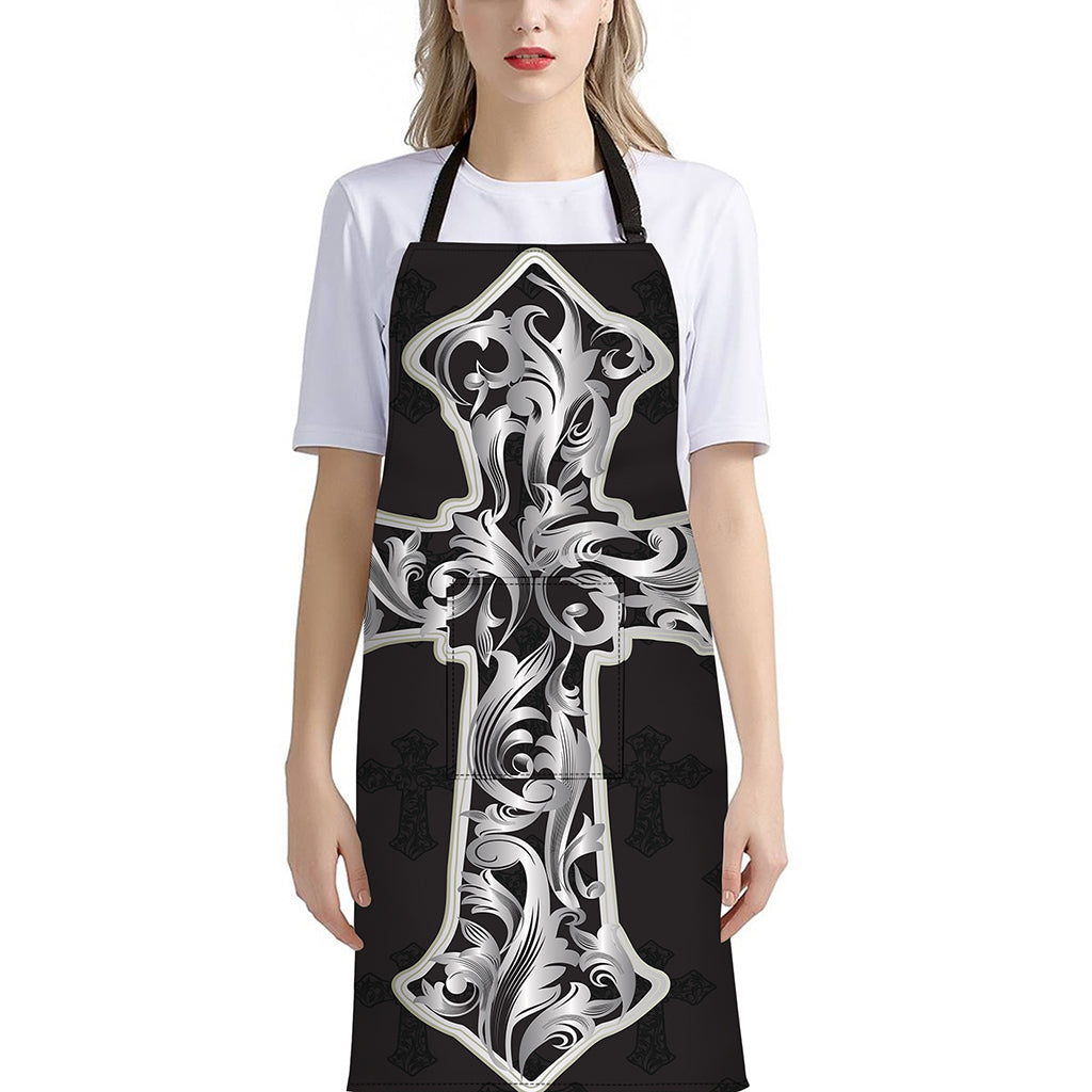Ornamental Silver Cross Print Bib Apron With Pocket