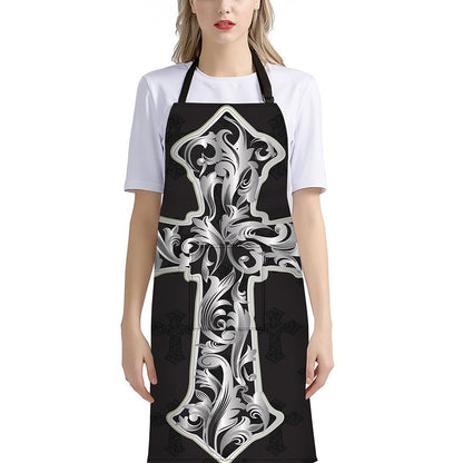 Ornamental Silver Cross Print Bib Apron With Pocket