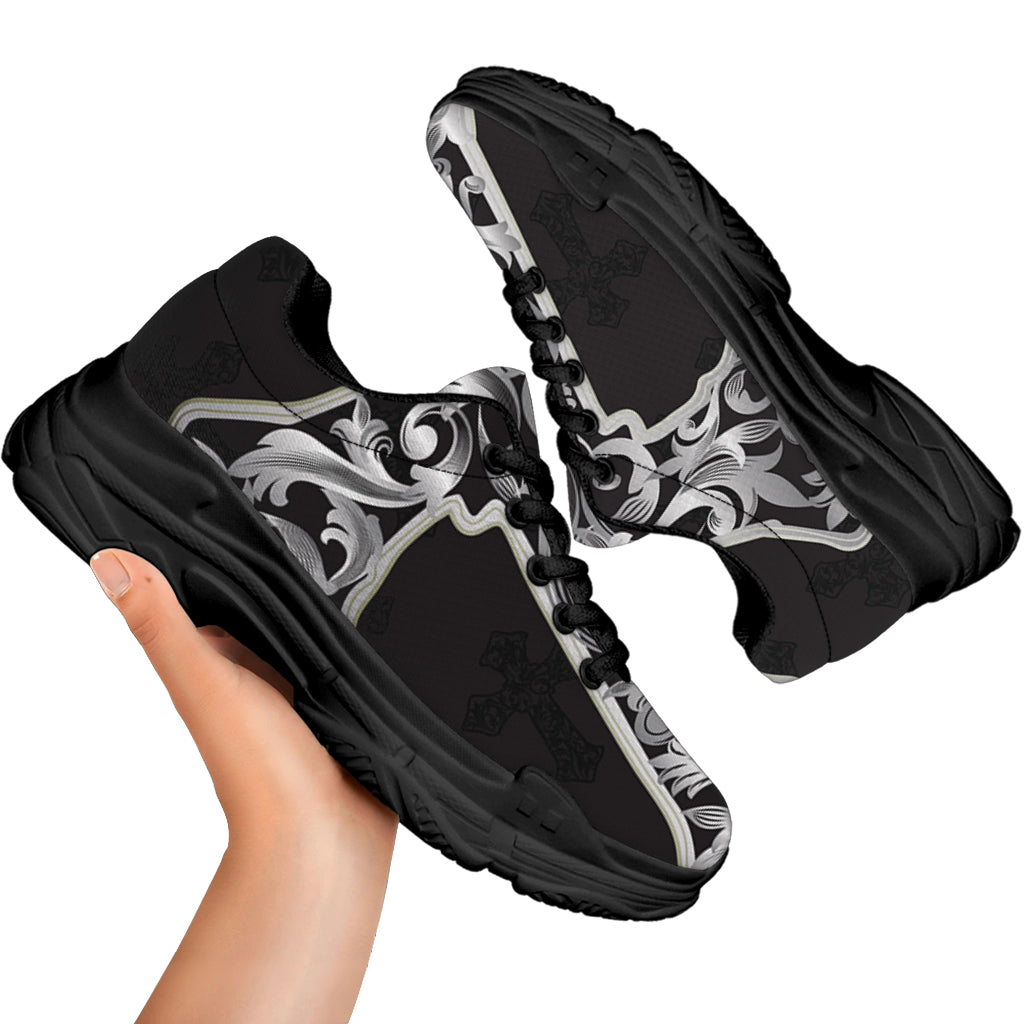 Ornamental Silver Cross Print Black Chunky Shoes