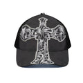 Ornamental Silver Cross Print Black Mesh Trucker Hat