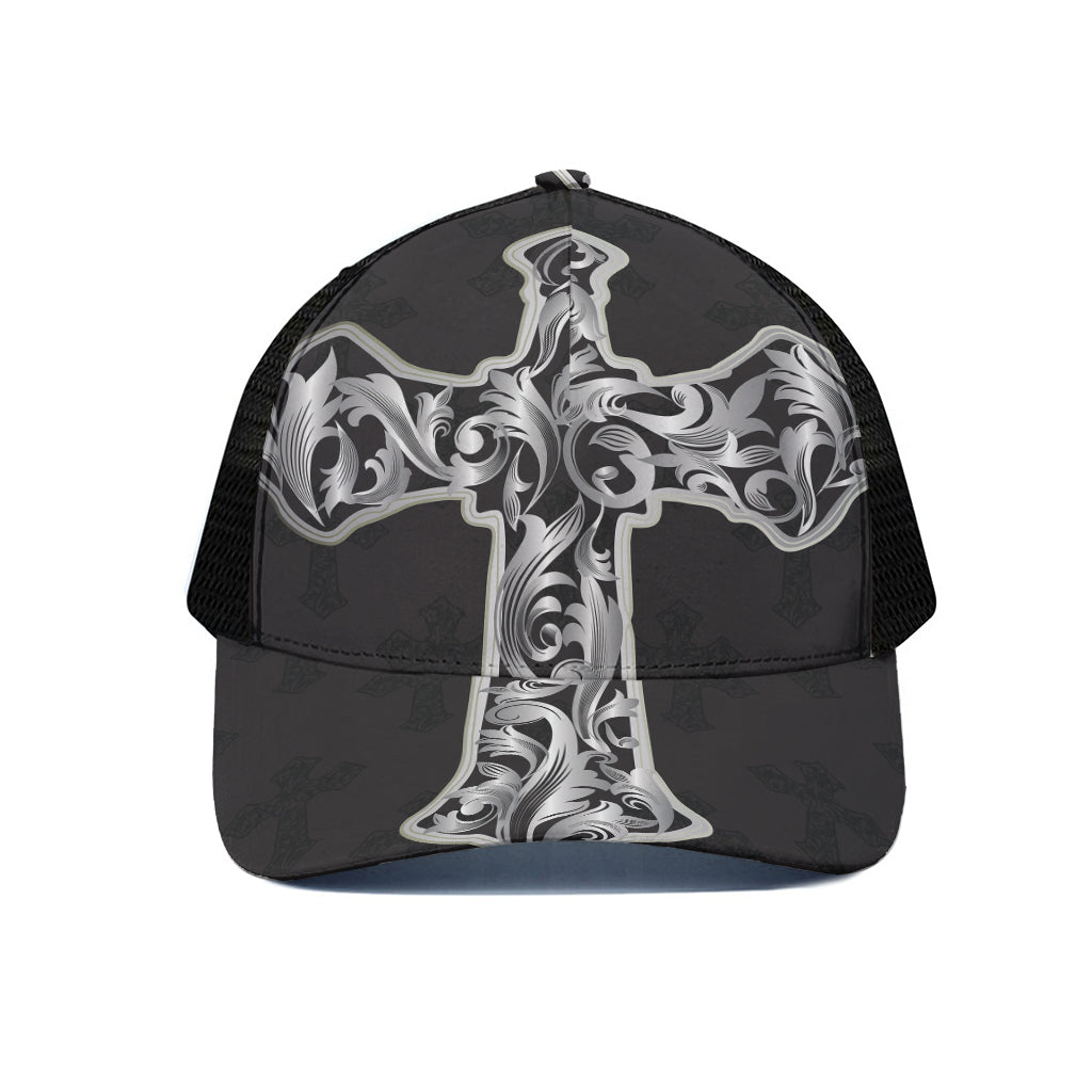 Ornamental Silver Cross Print Black Mesh Trucker Cap