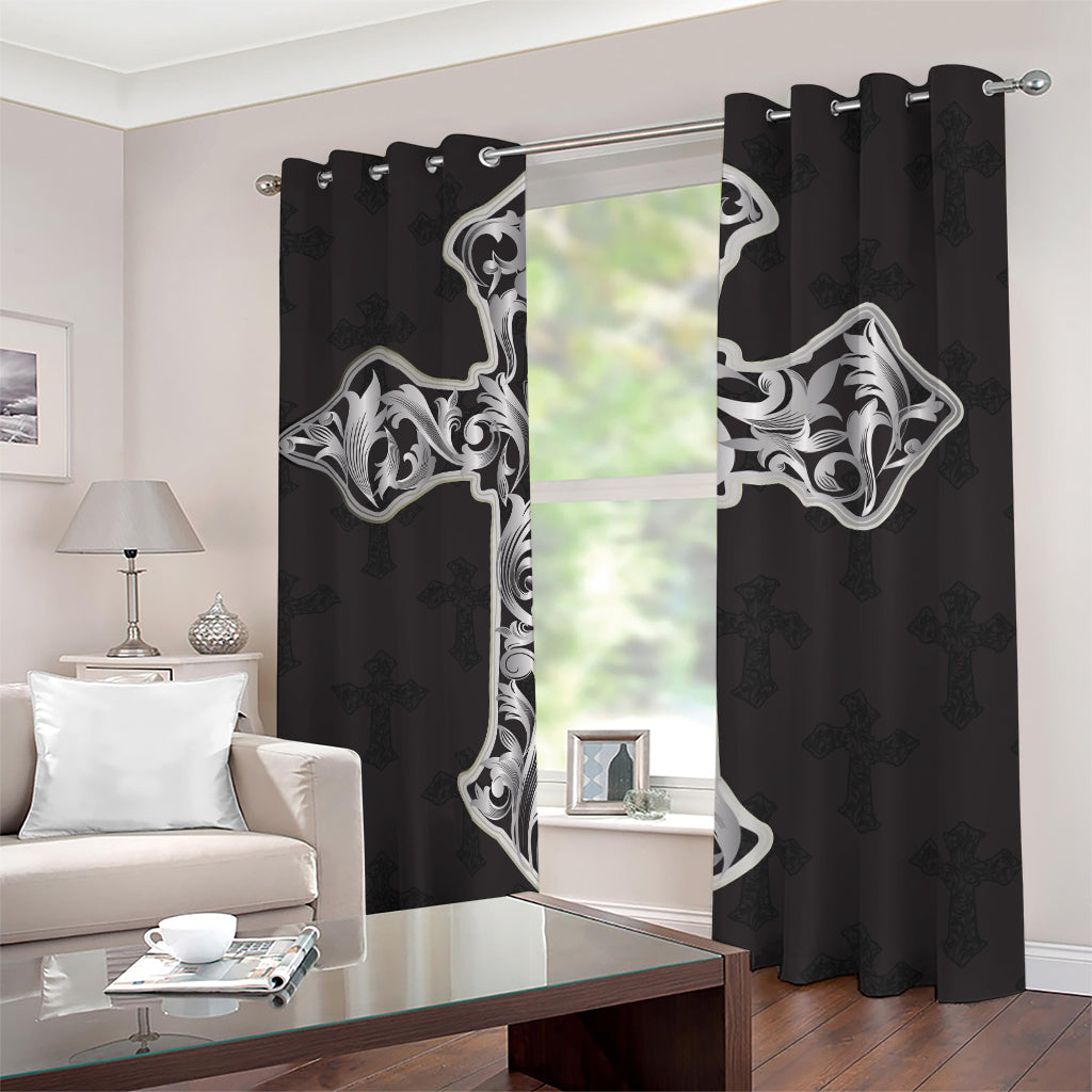 Ornamental Silver Cross Print Blackout Grommet Curtains