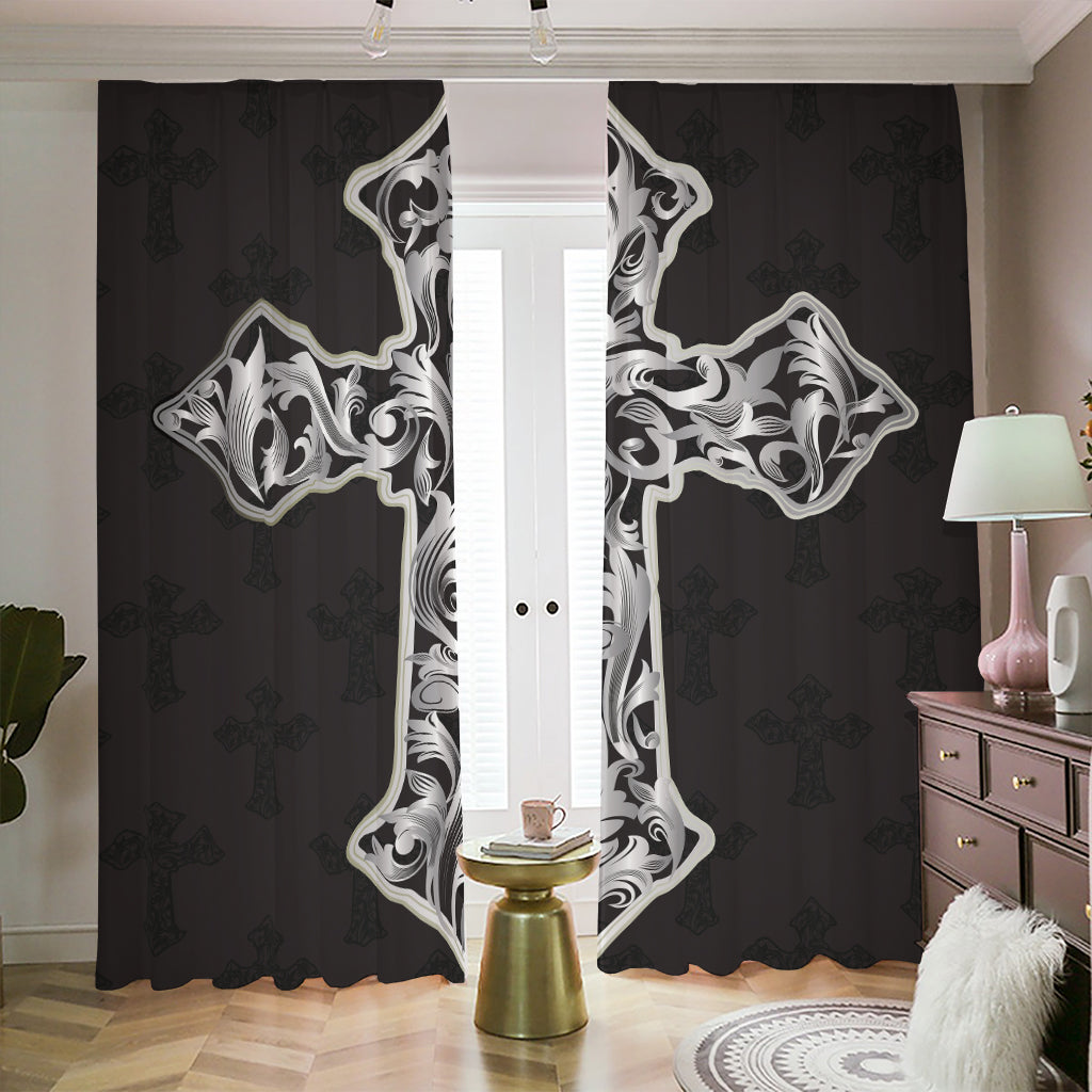 Ornamental Silver Cross Print Blackout Pencil Pleat Curtains