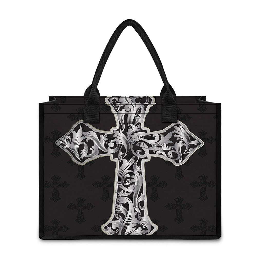 Ornamental Silver Cross Print Canvas Tote Bag
