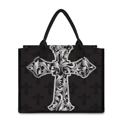 Ornamental Silver Cross Print Canvas Tote Bag