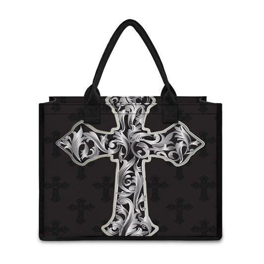 Ornamental Silver Cross Print Canvas Tote Bag