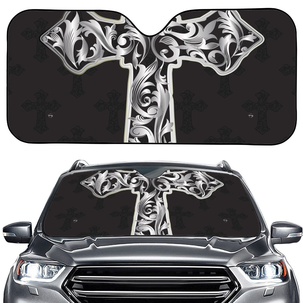 Ornamental Silver Cross Print Car Windshield Sun Shade