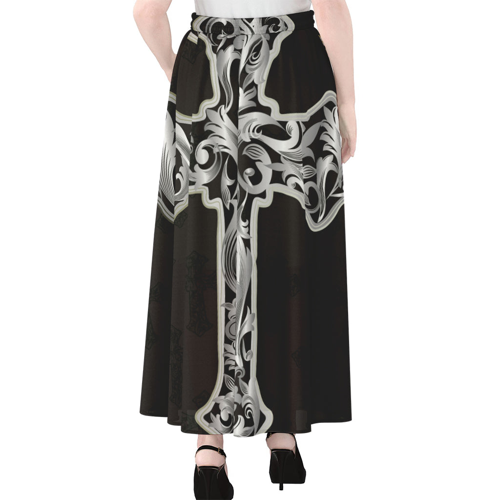 Ornamental Silver Cross Print Chiffon Maxi Skirt