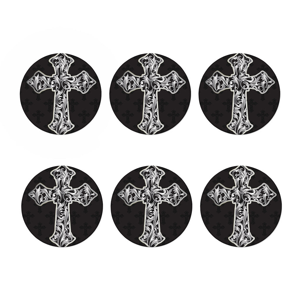 Ornamental Silver Cross Print Coaster Set