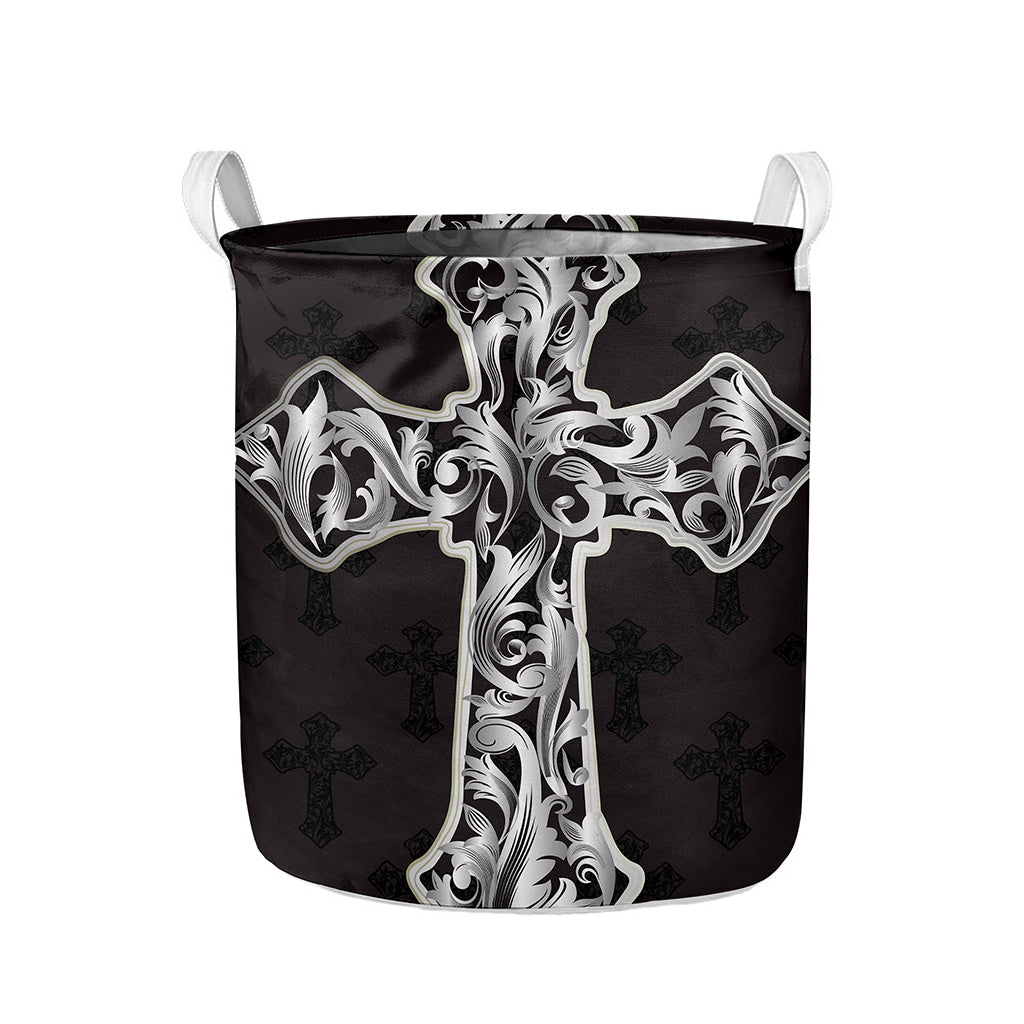 Ornamental Silver Cross Print Collapsible Laundry Basket