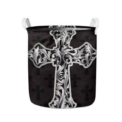 Ornamental Silver Cross Print Collapsible Laundry Basket