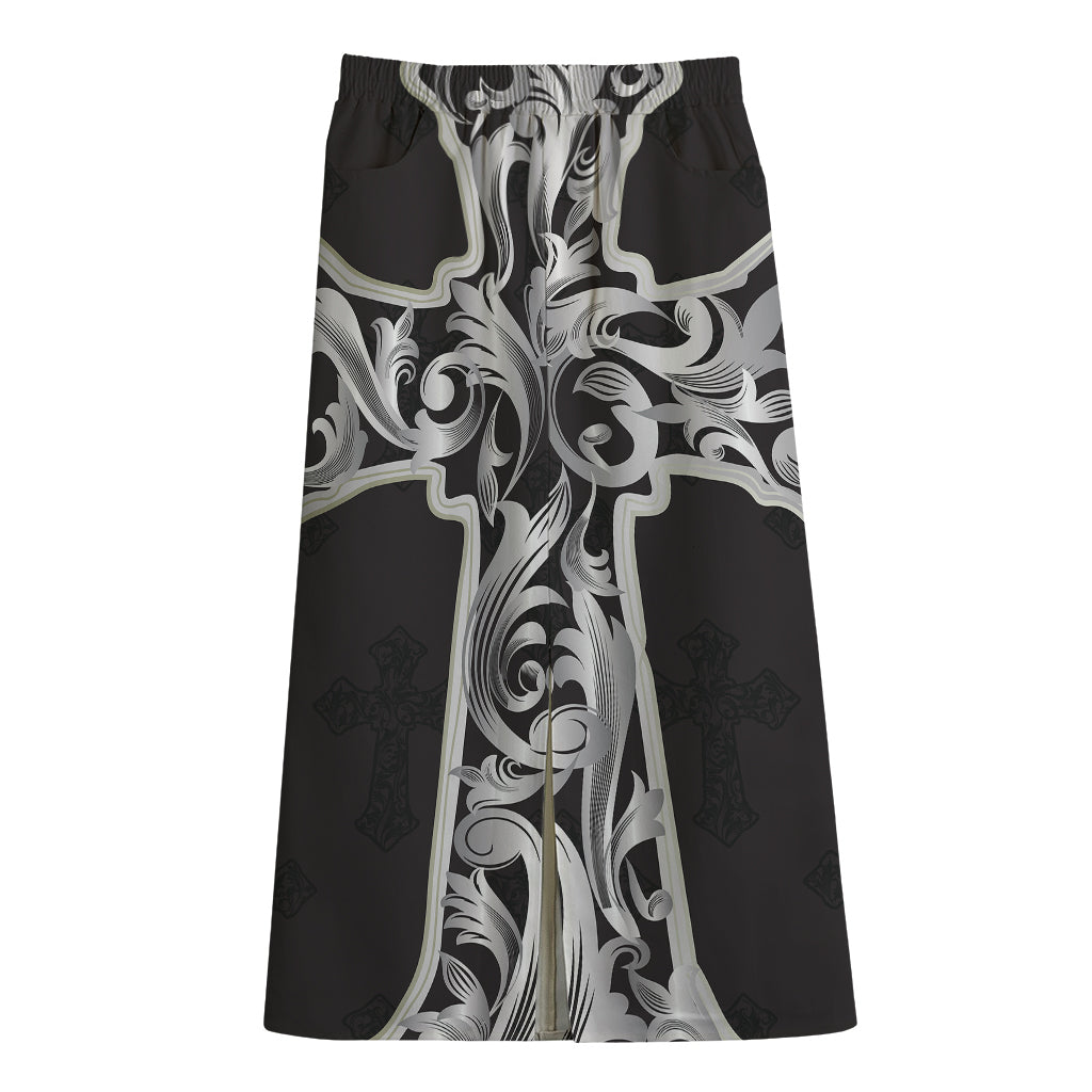 Ornamental Silver Cross Print Cotton Front Slit Maxi Skirt