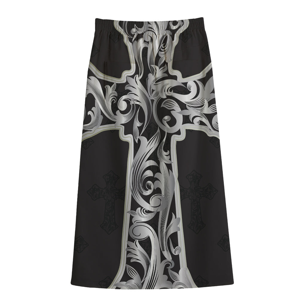 Ornamental Silver Cross Print Cotton Front Slit Maxi Skirt