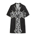 Ornamental Silver Cross Print Cotton Hawaiian Shirt