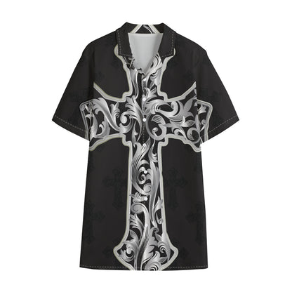 Ornamental Silver Cross Print Cotton Hawaiian Shirt