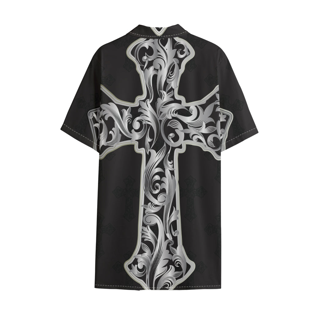 Ornamental Silver Cross Print Cotton Hawaiian Shirt