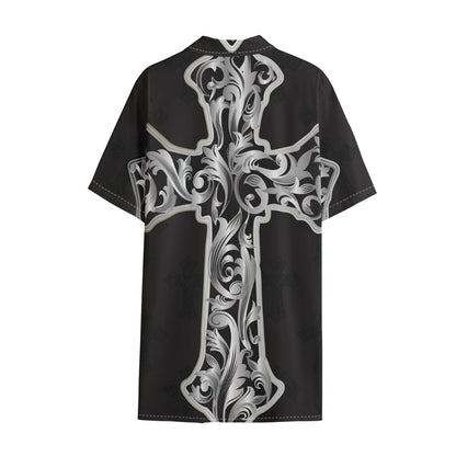Ornamental Silver Cross Print Cotton Hawaiian Shirt