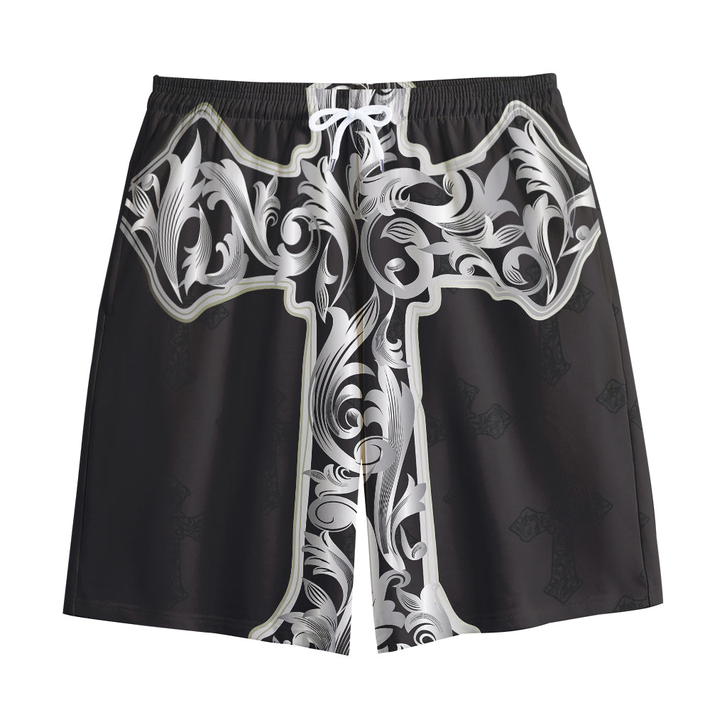 Ornamental Silver Cross Print Cotton Shorts
