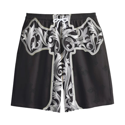 Ornamental Silver Cross Print Cotton Shorts