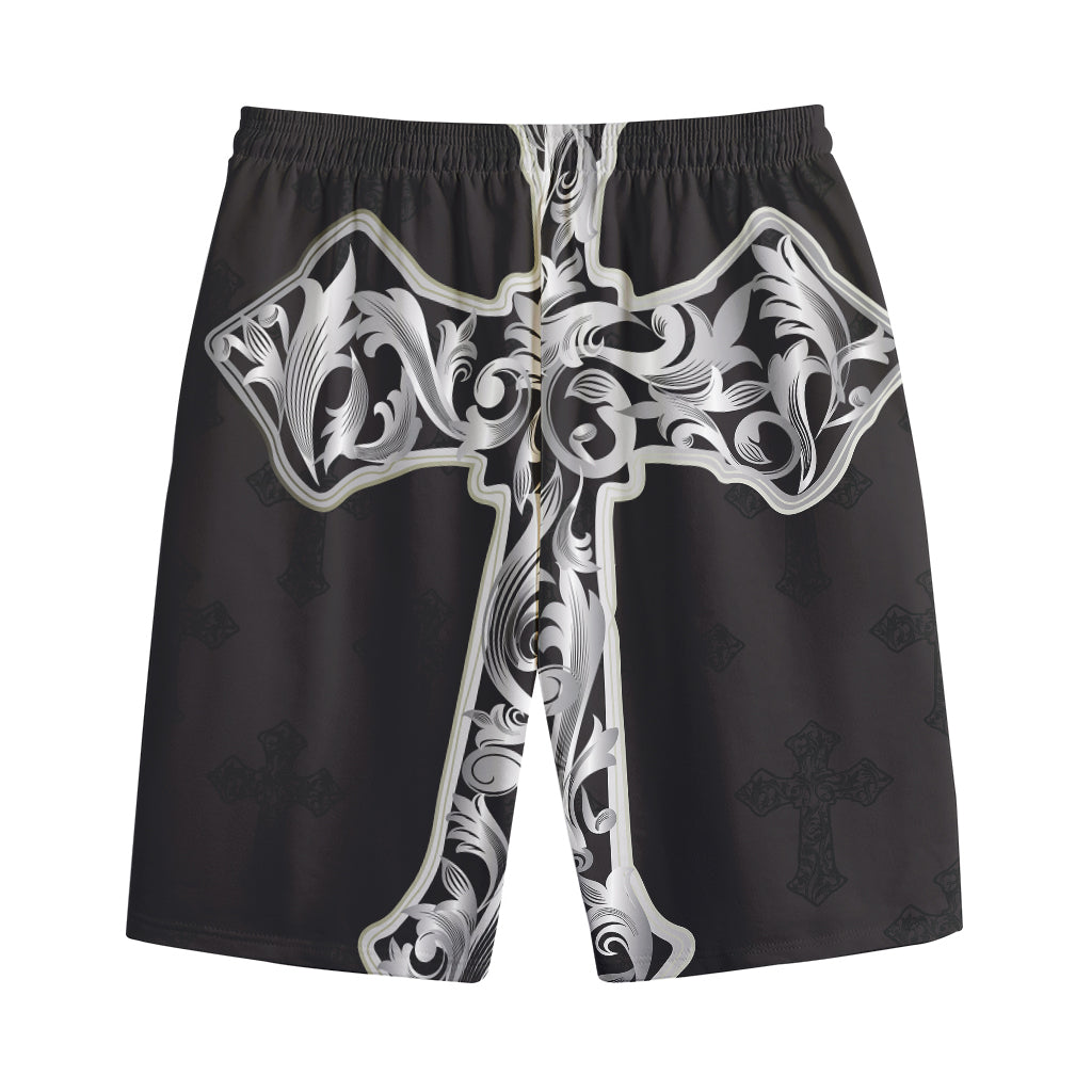 Ornamental Silver Cross Print Cotton Shorts