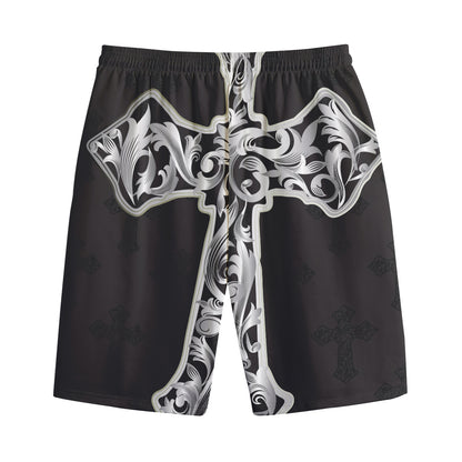 Ornamental Silver Cross Print Cotton Shorts
