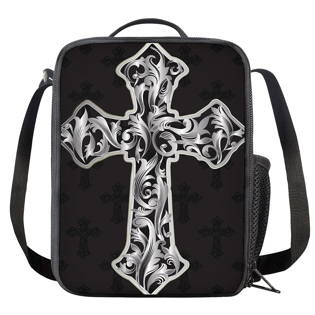Ornamental Silver Cross Print Crossbody Lunch Bag