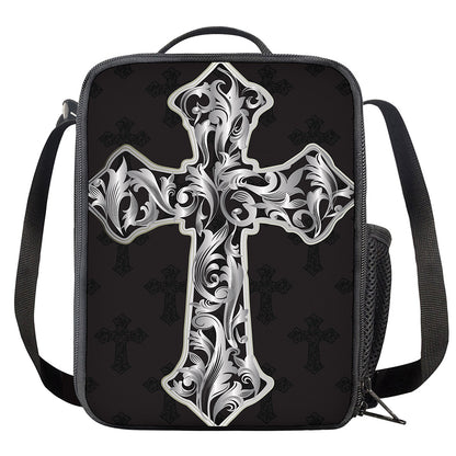 Ornamental Silver Cross Print Crossbody Lunch Bag