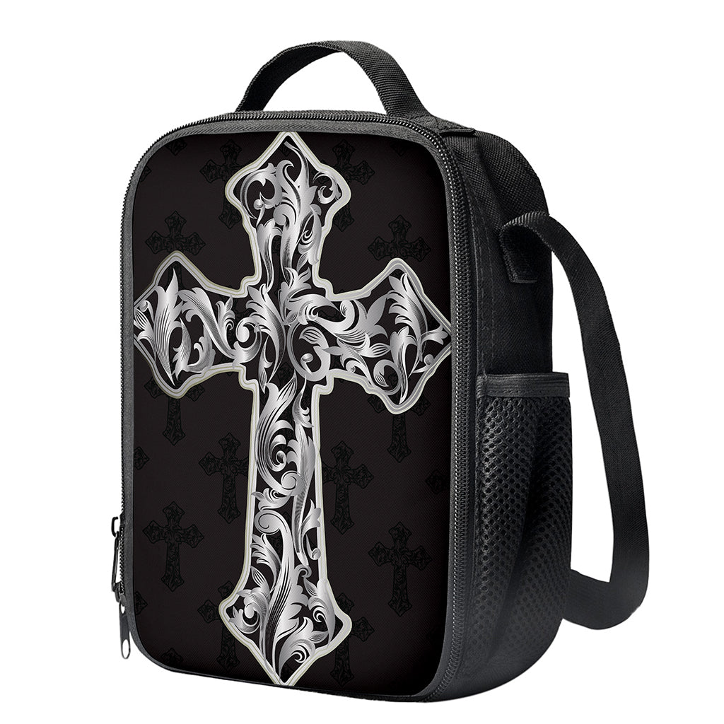 Ornamental Silver Cross Print Crossbody Lunch Bag