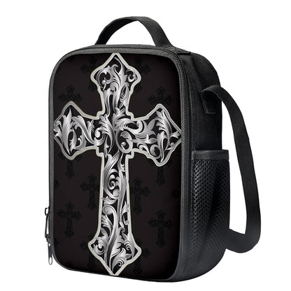 Ornamental Silver Cross Print Crossbody Lunch Bag