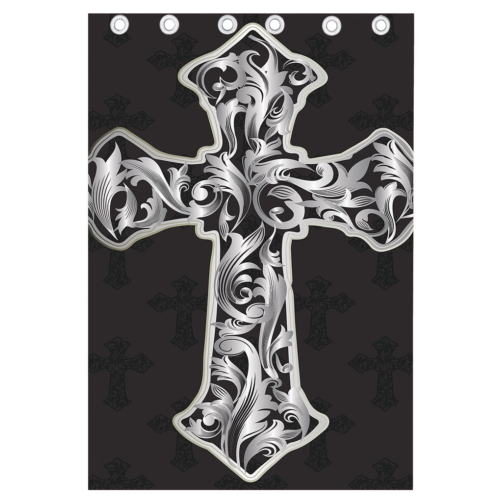 Ornamental Silver Cross Print Curtain