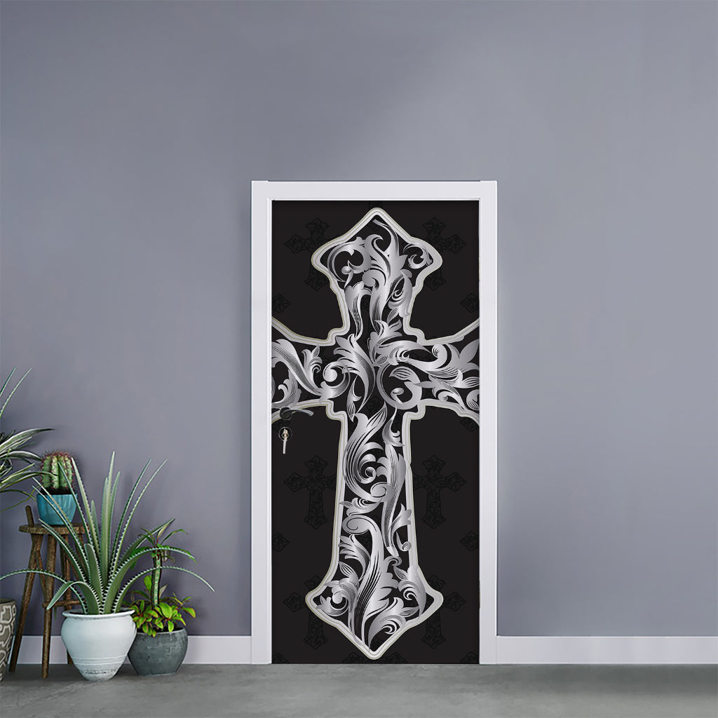 Ornamental Silver Cross Print Door Sticker