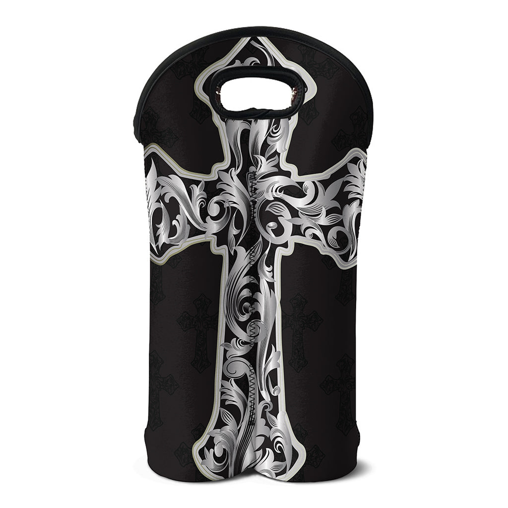 Ornamental Silver Cross Print Double Neoprene Wine Tote