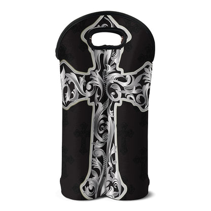 Ornamental Silver Cross Print Double Neoprene Wine Tote