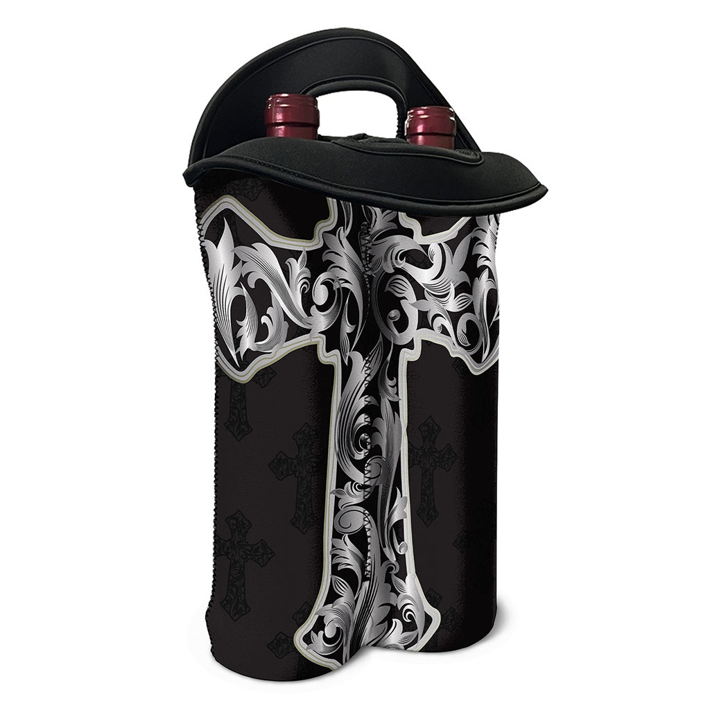 Ornamental Silver Cross Print Double Neoprene Wine Tote