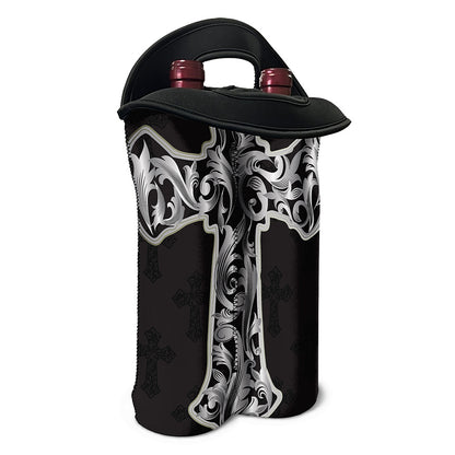 Ornamental Silver Cross Print Double Neoprene Wine Tote