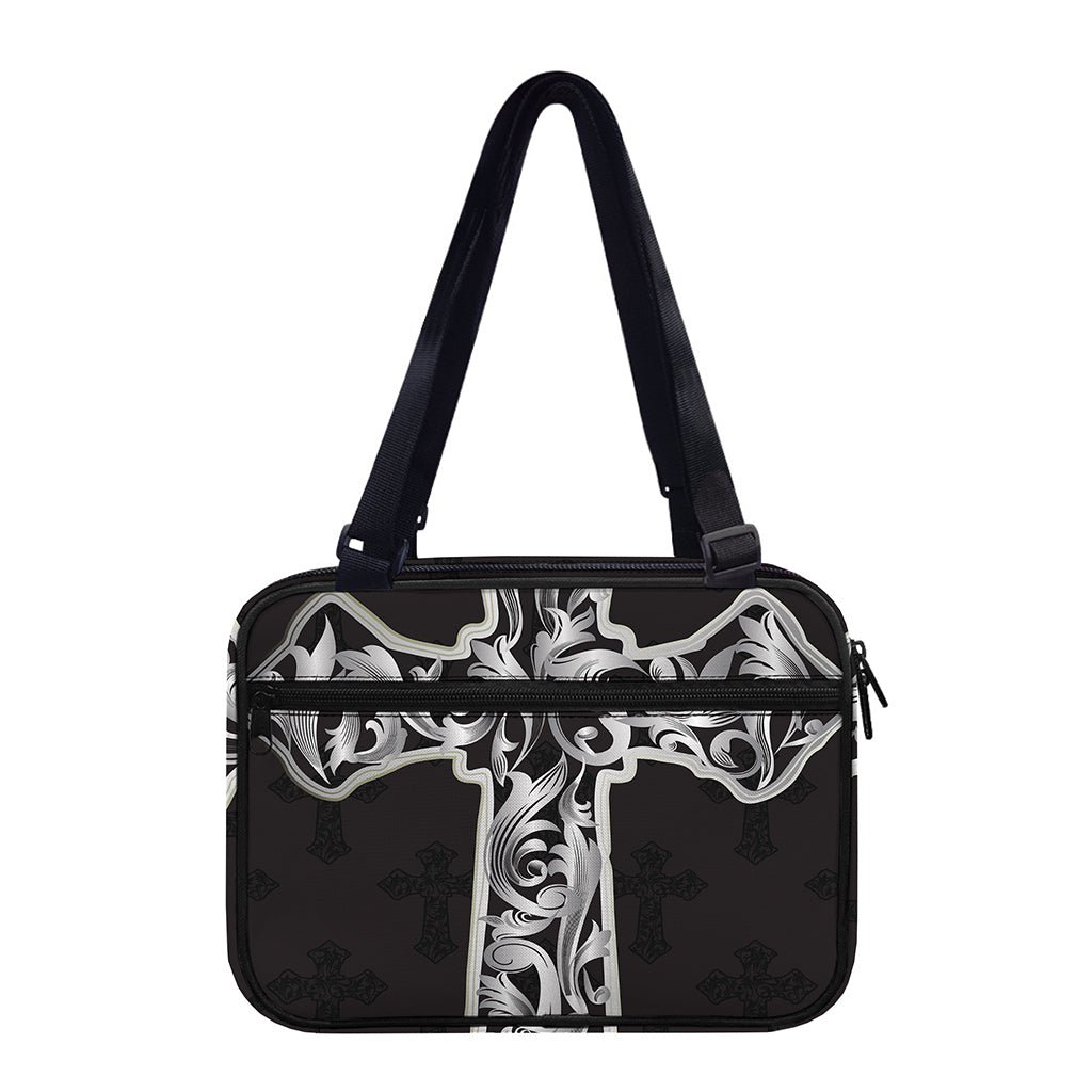 Ornamental Silver Cross Print Double Strap Bible Bag