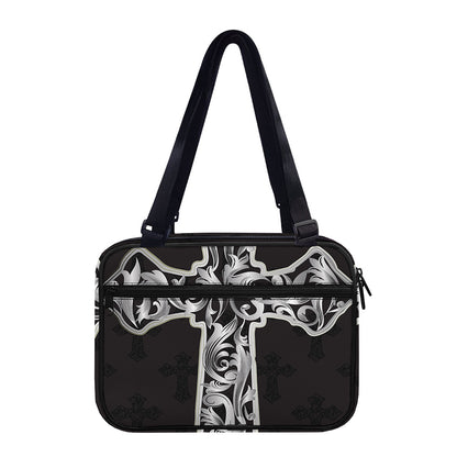 Ornamental Silver Cross Print Double Strap Bible Bag