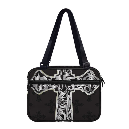 Ornamental Silver Cross Print Double Strap Bible Bag
