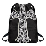 Ornamental Silver Cross Print Drawstring Backpack