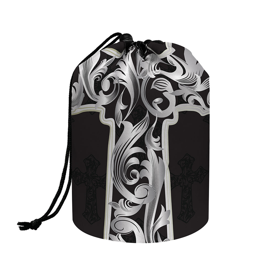 Ornamental Silver Cross Print Drawstring Makeup Bag
