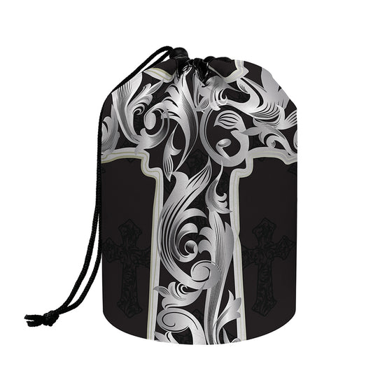 Ornamental Silver Cross Print Drawstring Makeup Bag