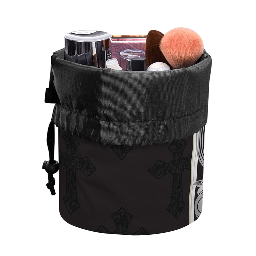 Ornamental Silver Cross Print Drawstring Makeup Bag