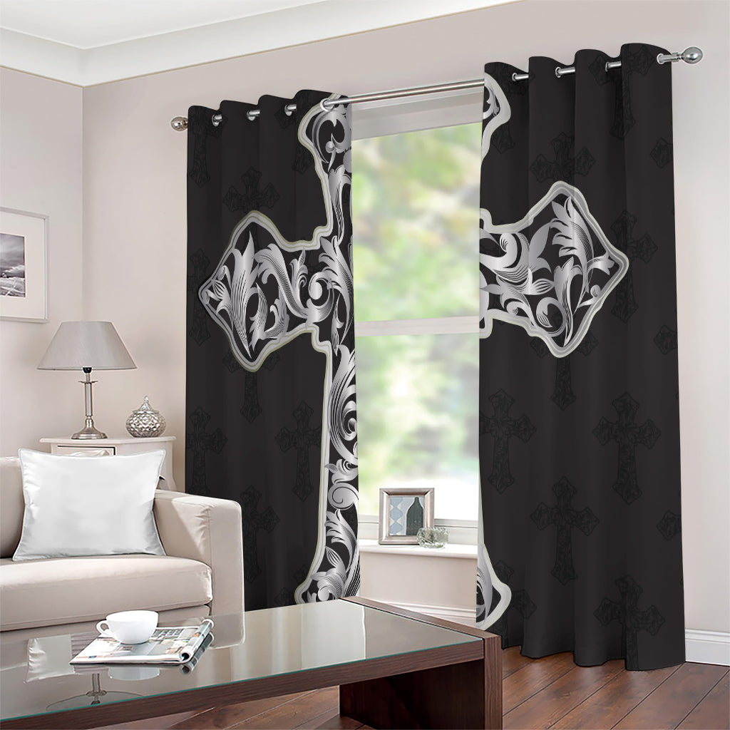 Ornamental Silver Cross Print Extra Wide Grommet Curtains