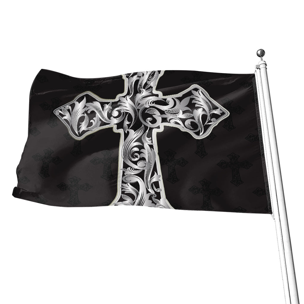Ornamental Silver Cross Print Flag