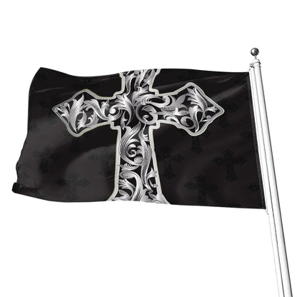 Ornamental Silver Cross Print Flag
