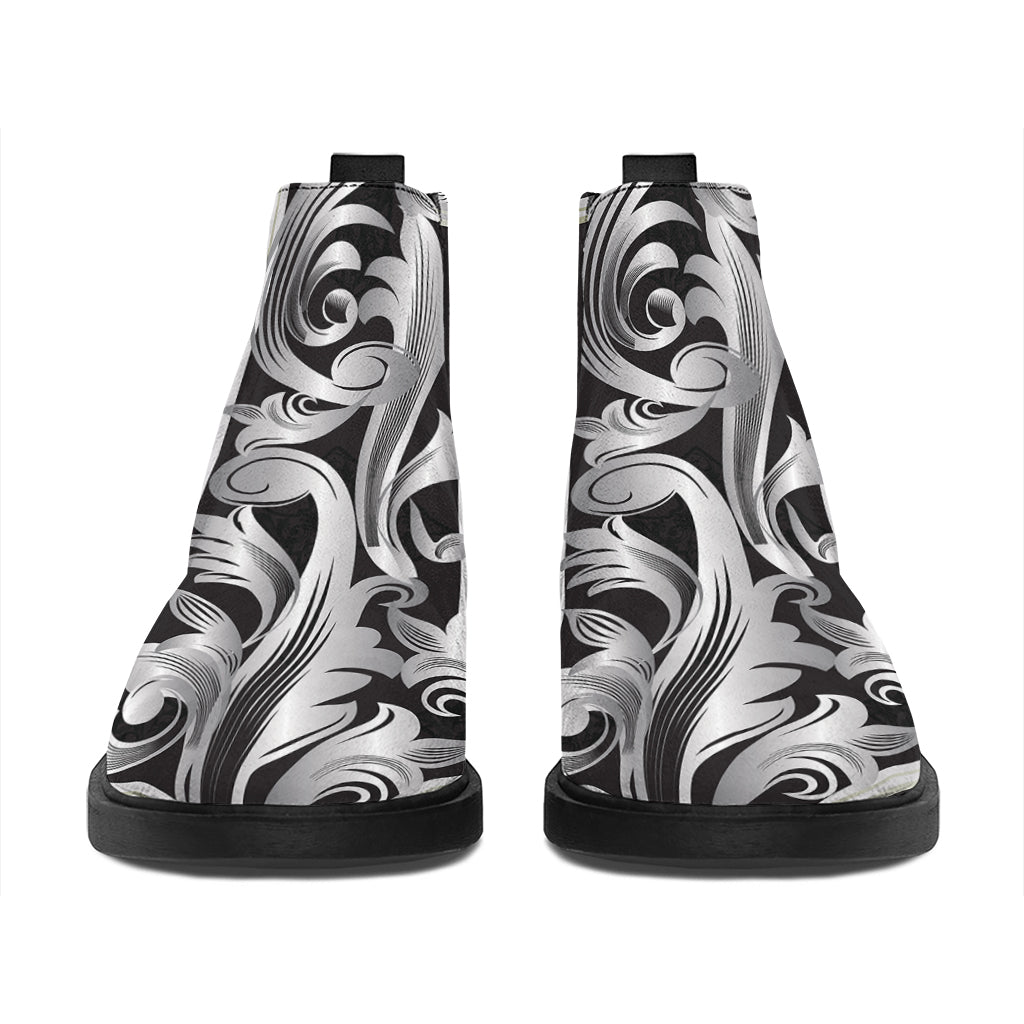 Ornamental Silver Cross Print Flat Ankle Boots