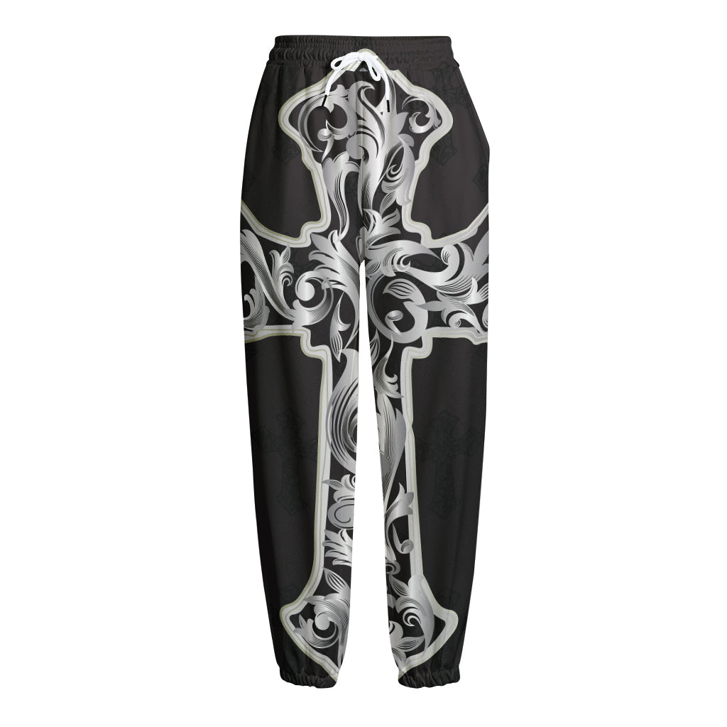 Ornamental Silver Cross Print Fleece Lined Knit Pants